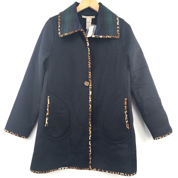 SOFT SURROUNDINGS Reversible Coat Size Small Plaid Leopard Black Wool Blend NWT - Picture 1 of 14